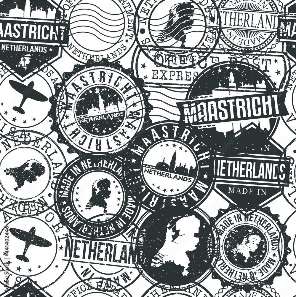 Fototapeta premium Maastricht, Netherlands Pattern of Stamps. Travel Passport Stamps. Made In Product. Design Seals in Old Style Insignia Seamless. Icon Clip Art Vector Collection.
