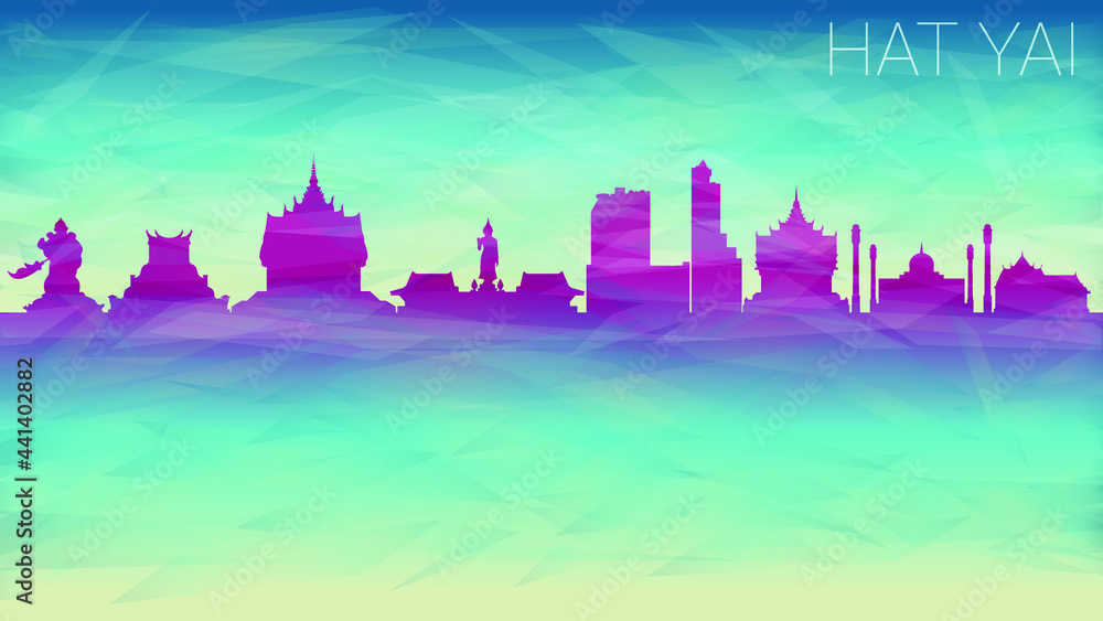 Hat Yai, Thailand City Skyline Vector Silhouette. Broken Glass Abstract  Textured. Banner Background Colorful Shape Composition.