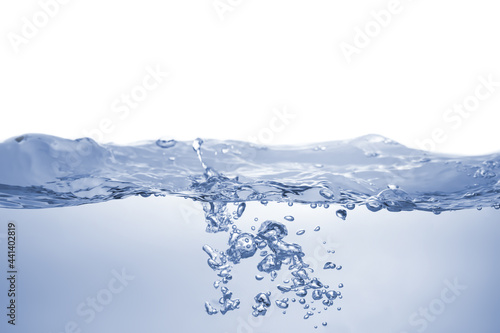 Water splash Aqua flowing in waves and creating bubbles Drops on the water surface feel fresh and clean isolated on white background.