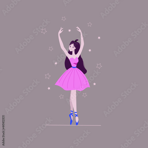 a beautiful ballerina in a pink dress on a background with stars. a dancer in a dress is dancing