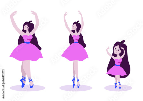 
a set of three ballerinas in pink dresses. in the picture there is an ordinary ballerina, a chibi ballerina and a large ballerina. girls are dancing