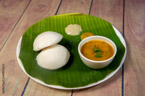 Tasty indian idly with chutney and sambar