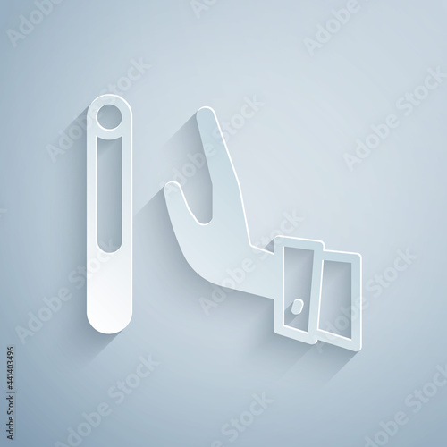 Paper cut Giving up cigarette icon isolated on grey background. Tobacco sign. Smoking symbol. Healthy lifestyle. Paper art style. Vector