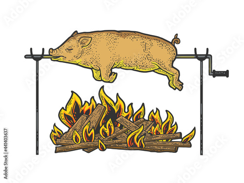 Bonfire pig pork color line art sketch engraving vector illustration. T-shirt apparel print design. Scratch board imitation. Black and white hand drawn image.