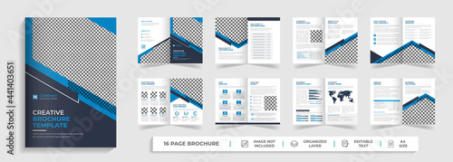 Corporate modern bi fold brochure template and company profile with blue and black creative shapes annual report design ,Multipurpose editable template