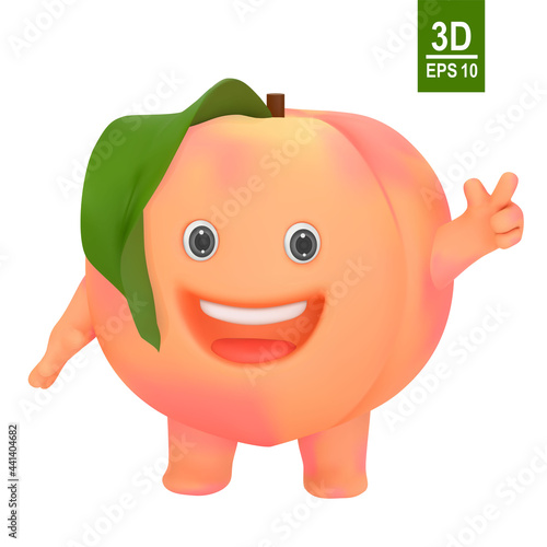 3d vector peach character. Funny and cute cartoon fruit. Isolated illustration of happy cheerful mascot.