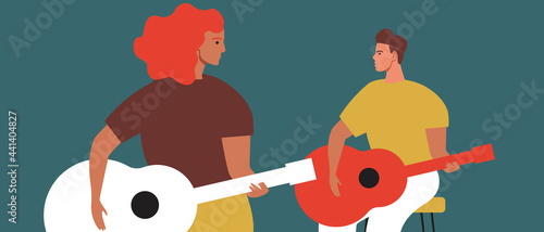 Couple playing guitar, hobby together, flat vector stock illustration with guitarists man and woman or romantic leisure couple