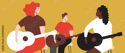 Guitar class, multicultural group of musicians, flat vector stock illustration with male and female guitarists as music education