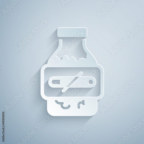 Paper cut Nicotine gum in blister pack icon isolated on grey background. Helps calm cravings and reduces anxiety caused by quitting smoking. Paper art style. Vector