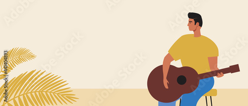 Guitar learning, copy space template, flat vector stock illustration with guitar playing and male musician guitarist
