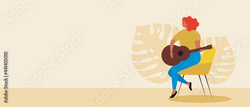 Woman with guitar, copy space template, Flat vector stock illustration with playing guitar or Young woman guitarist