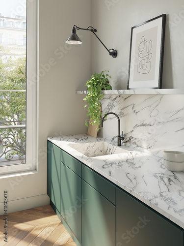Photography 3d render of a Parisian minimalist kitchen with green cabinets and white marble