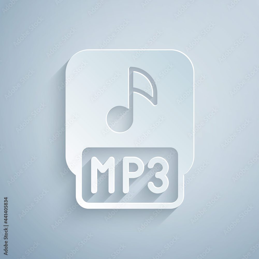 Paper cut MP3 file document. Download mp3 button icon isolated on grey background. Mp3 music format sign. MP3 file symbol. Paper art style. Vector Paper cut MP3 file document. Download mp3 button icon isolated on grey background. Mp3 music format sign. MP3 file symbol. Paper art style. Vector
