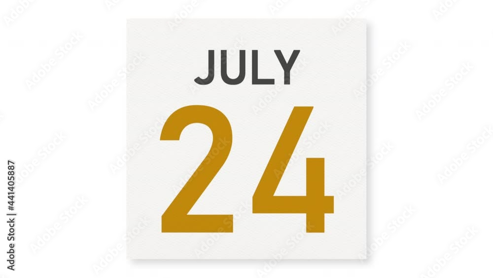 July 24 date behind crumpled paper page of a calendar, 3d animation