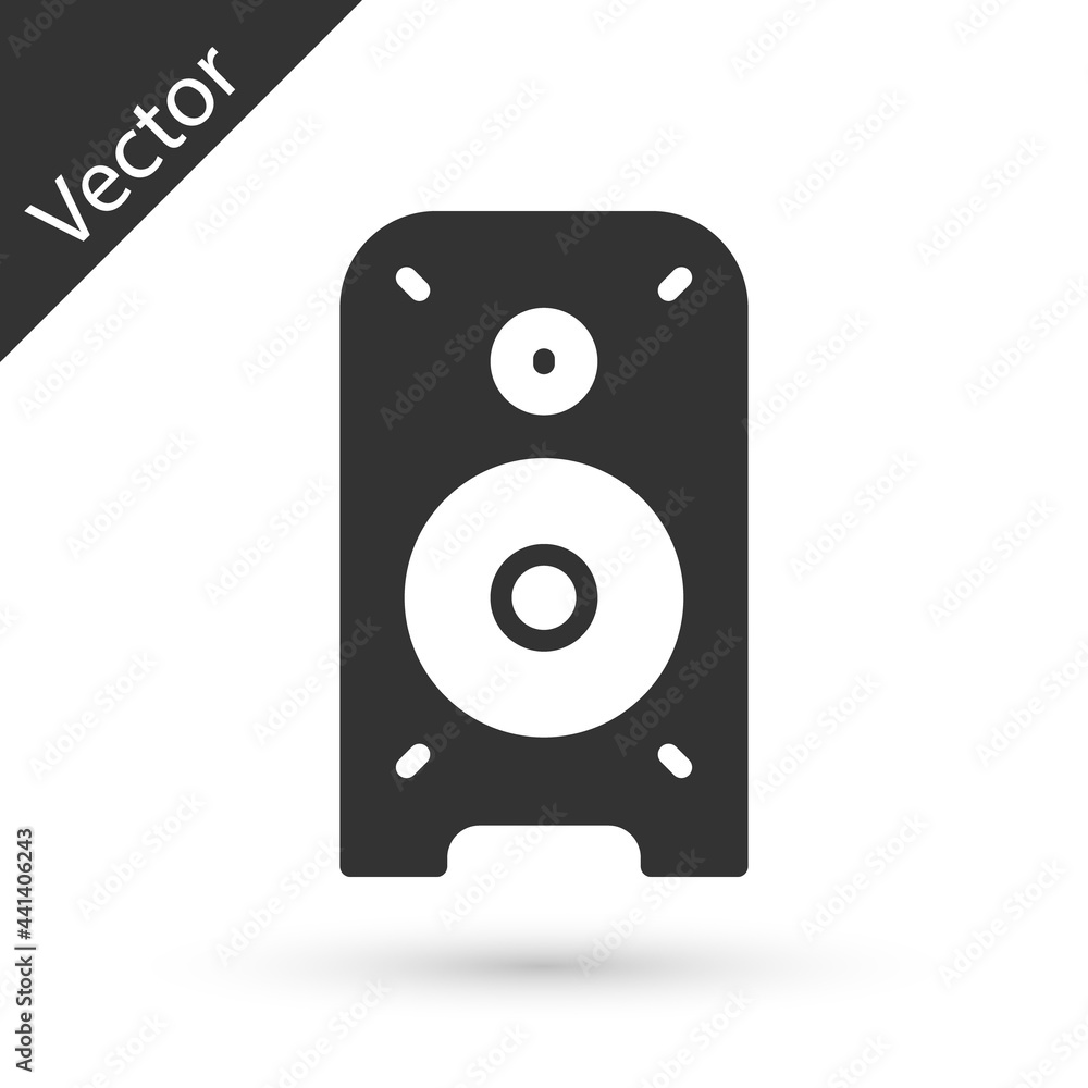 Grey Stereo speaker icon isolated on white background. Sound system speakers. Music icon. Musical column speaker bass equipment. Vector Grey Stereo speaker icon isolated on white background. Sound system speakers. Music icon. Musical column speaker bass equipment. Vector