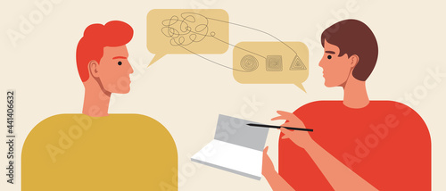 Young man in consultation with a psychologist, Flat vector stock illustration with a psychotherapist consultation and a patient undergoing psychotherapy