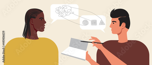 Afro man in consultation with a psychologist, flat vector stock illustration with counseling of a psychotherapist and psychological assistance to an african