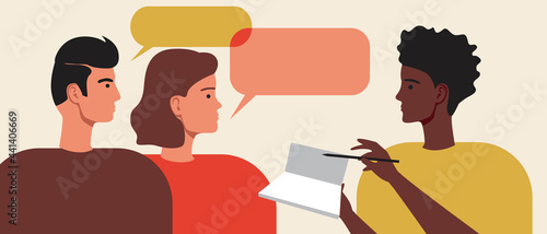 Couple in consultation with psychologist, flat vector stock illustration with psychotherapist consultation and family psychotherapy