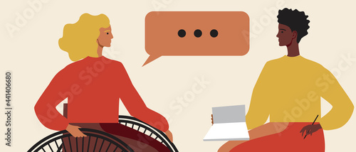 Disabled person in a wheelchair in consultation with a psychologist, Flat vector stock illustration with Consultation of a psychotherapist and psychological assistance to inclusive persons