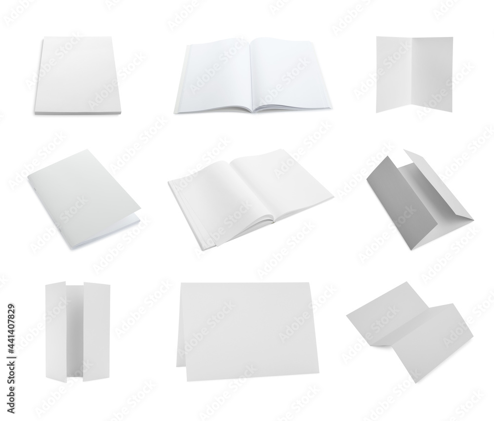 Set with blank paper brochures on white background. Mockup for design Set with blank paper brochures on white background. Mockup for design