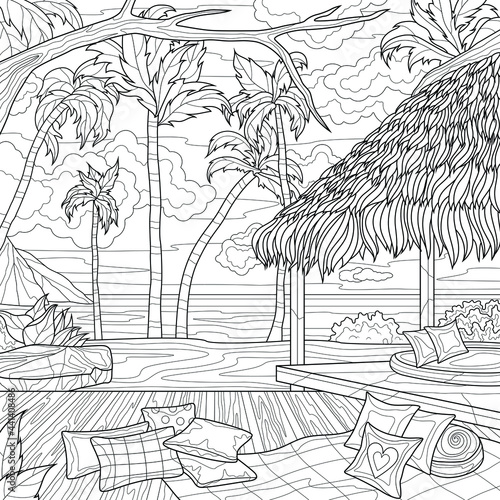 Bungalow and beach. Scenery. Coloring book antistress for children and adults. Illustration isolated on white background.Zen-tangle style. Hand draw