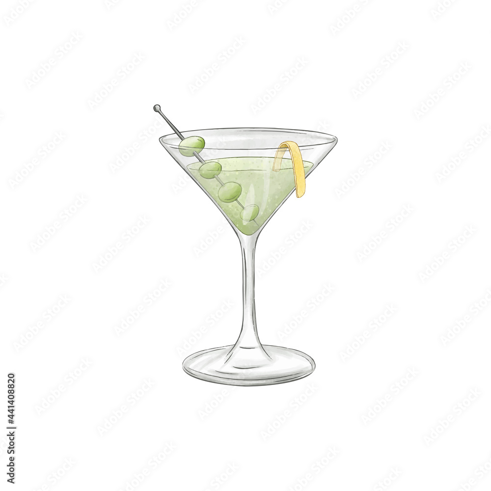 watercolor glass cocktail in an elegant cup isolated on white background. continuous line drawing doodle minimalist design.