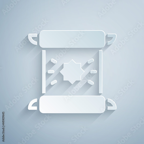 Paper cut Decree, paper, parchment, scroll icon icon isolated on grey background. Paper art style. Vector