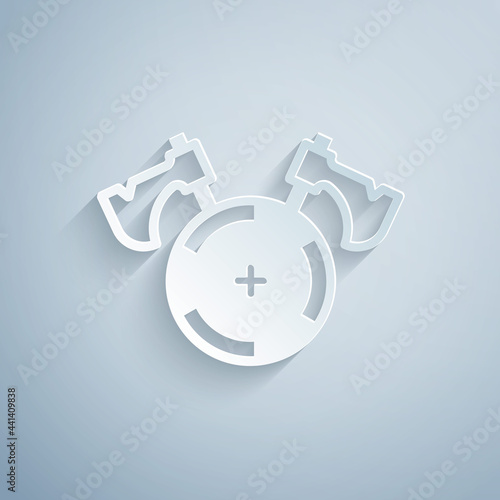 Paper cut Medieval shield with crossed axes icon isolated on grey background. Battle axe, executioner axe. Paper art style. Vector