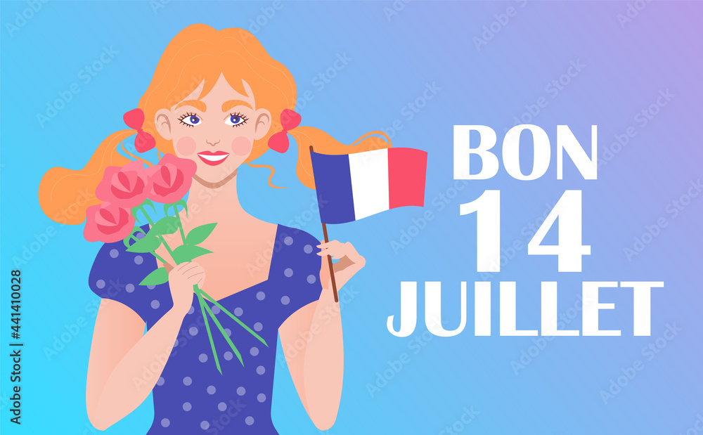 A cute blonde girl smiles, holds the flag of France and a glass of wine. Text 