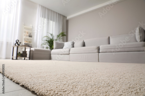 Living room interior with stylish furniture, focus on soft carpet