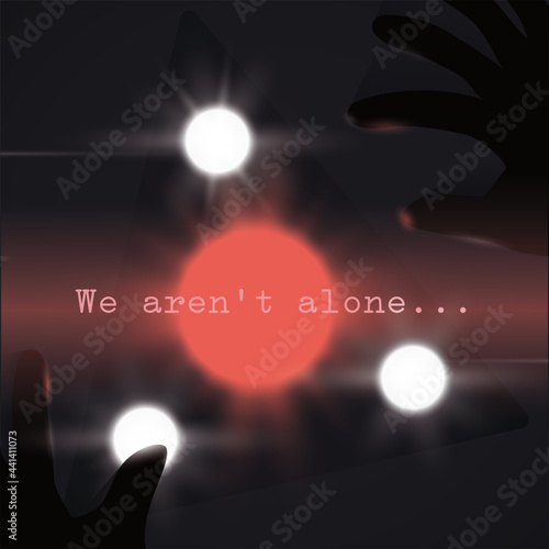 Close up Sighting of Glowing Black Triangle UFO, Vector Illustration