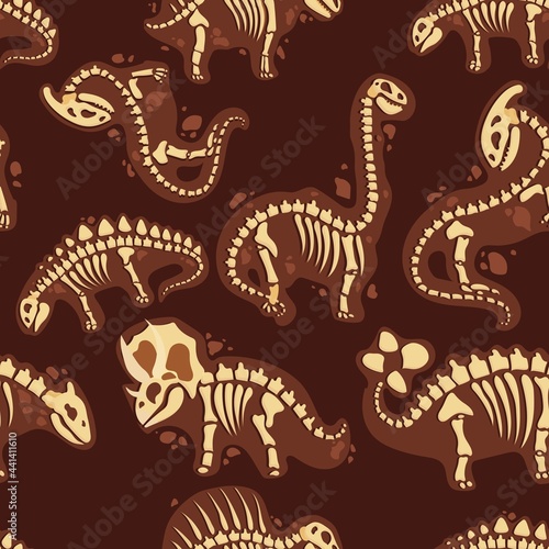 Dinosaur skeleton in cartoon style. The bones of a prehistoric animal underground. Archeology. seamless pattern. Vector illustration.
