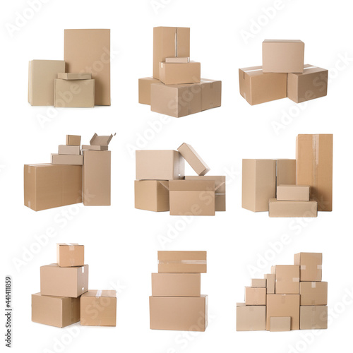 Set with different cardboard boxes on white background © New Africa
