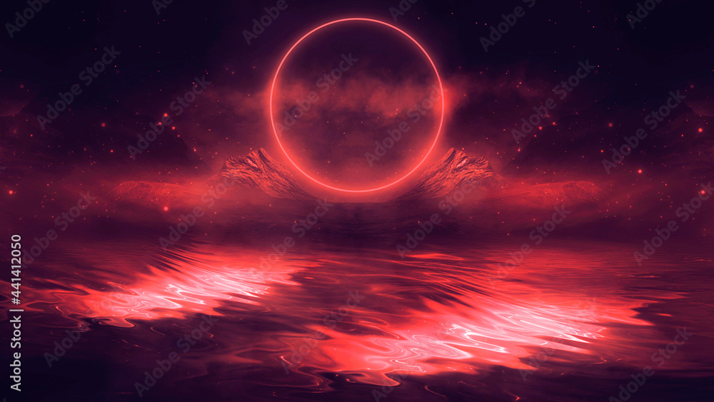 Futuristic fantasy night landscape with abstract landscape and island, moonlight, radiance, moon, neon. Dark natural scene with light reflection in water. Neon space galaxy portal. 3D illustration. Futuristic fantasy night landscape with abstract landscape and island, moonlight, radiance, moon, neon. Dark natural scene with light reflection in water. Neon space galaxy portal. 3D illustration.