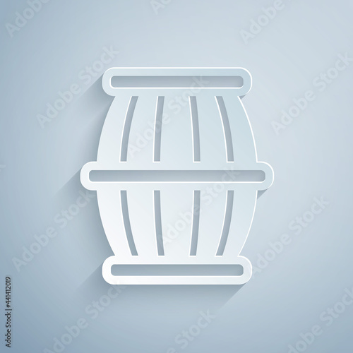 Paper cut Gun powder barrel icon isolated on grey background. TNT dynamite wooden old barrel. Paper art style. Vector