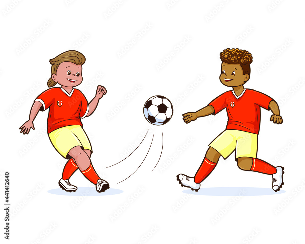 Teenage soccer players dressed in orange t-shirts and pants kicking soccer ball isolated vector illustration in flat cartoon style, comic