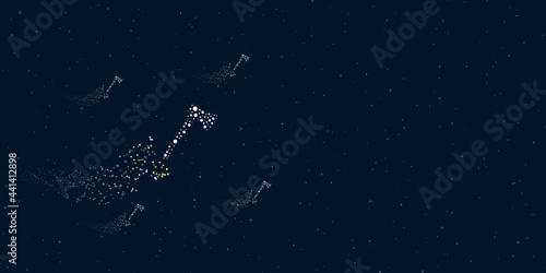 A ax symbol filled with dots flies through the stars leaving a trail behind. Four small symbols around. Empty space for text on the right. Vector illustration on dark blue background with stars