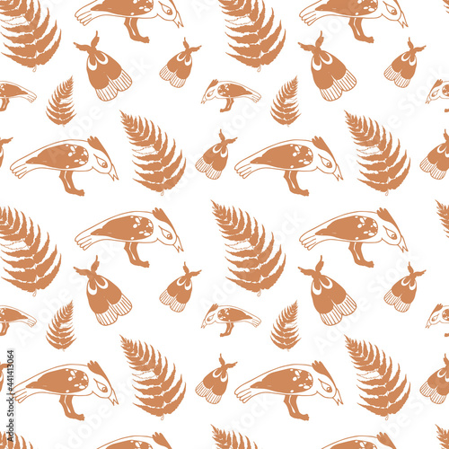 Repeating patterns of birds and fern leaves. Design for background, wallpaper.