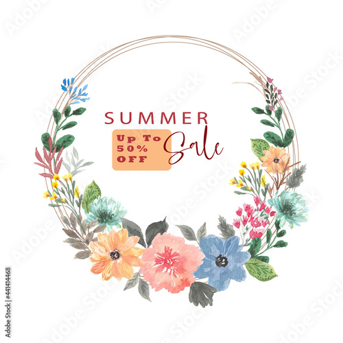 Tropical floral border with hand painted leaves and flowers