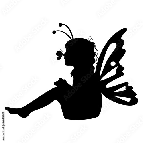 Little sitting girl silhouette with buttefly wings. Vector illustration.