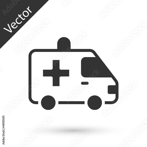 Grey Ambulance and emergency car icon isolated on white background. Ambulance vehicle medical evacuation. Vector