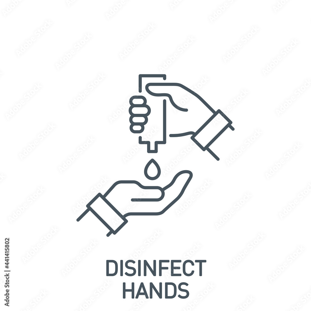 palm with hand sanitizer and drop of antiseptic gel single line icon isolated on white. outline icon symbol Coronavirus Covid 19 banner disinfect hands element with editable Stroke line thickness - obrazy, fototapety, plakaty 