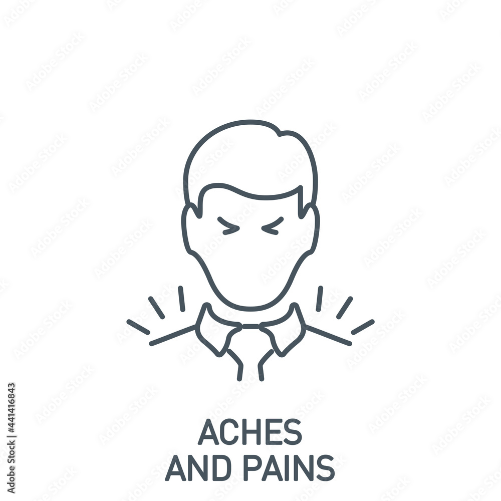 aches and pains Signs and symptoms Coronavirus single line icon isolated on white. Perfect outline symbol symptoms Covid 19 pandemic banner. Quality design element muscle pain with editable Stroke