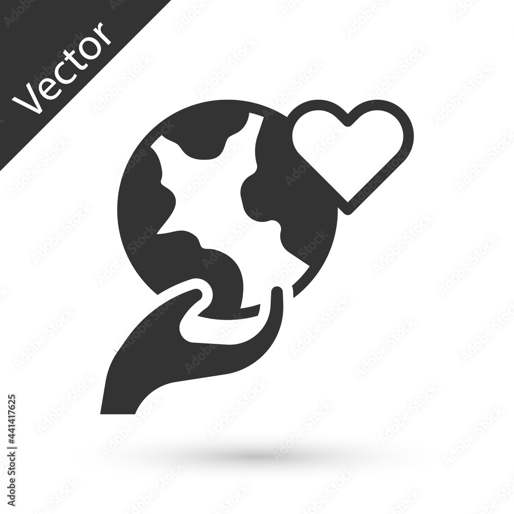 Grey Human hand holding Earth globe icon isolated on white background. Save earth concept. Vector Grey Human hand holding Earth globe icon isolated on white background. Save earth concept. Vector