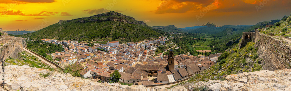 Panoramic from the castle of the town of Chulilla in the mountains of the Valencian community. Spain