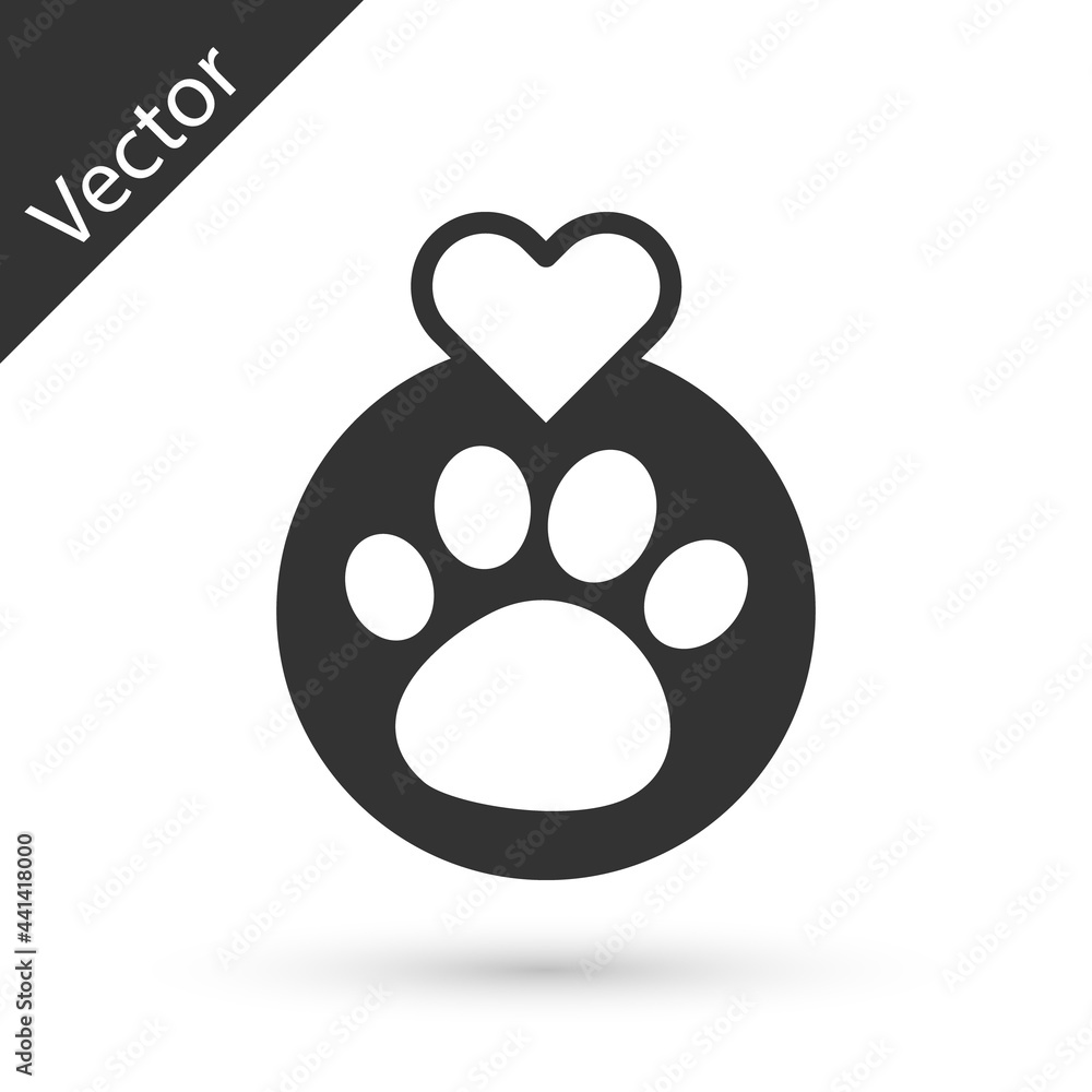Grey Heart with animals footprint icon isolated on white background. Pet paw in heart. Love to the animals. Vector Grey Heart with animals footprint icon isolated on white background. Pet paw in heart. Love to the animals. Vector