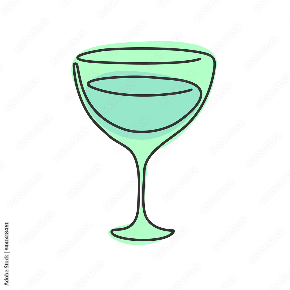 One line drawing vermouth glass on white background. Object for celebration design. Colored cartoon graphic sketch. Continuous line way. Hand drawn party drinks concept. Freehand drawing style One line drawing vermouth glass on white background. Object for celebration design. Colored cartoon graphic sketch. Continuous line way. Hand drawn party drinks concept. Freehand drawing style