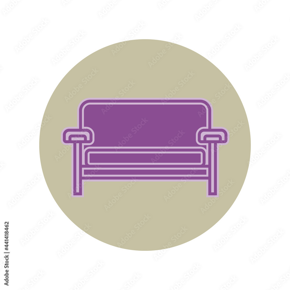 Violet sofa on circle grey background. Flat illustration in form of thin lines for interior design. Couch with pillow and back. Symbolic icon for comfortable seat Violet sofa on circle grey background. Flat illustration in form of thin lines for interior design. Couch with pillow and back. Symbolic icon for comfortable seat