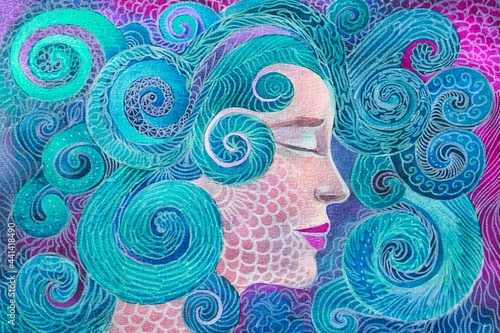 Dipinto acquerello ritratto di una bella donna con occhi chiusi. Sognare. Fantasy illustrazione. Sirena  photo