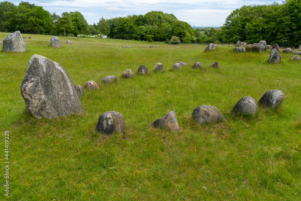 view of the grounds of the Lindholm Hills Viking burial site in northern Denmark